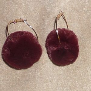 Pom Pom Hoop Furry Puffy Boho Wine Earrings NEW